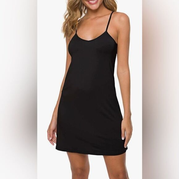 Vintage Severin Black Sleeveless Rayon Cami Slip Mini Dress - Picture 1 of 8